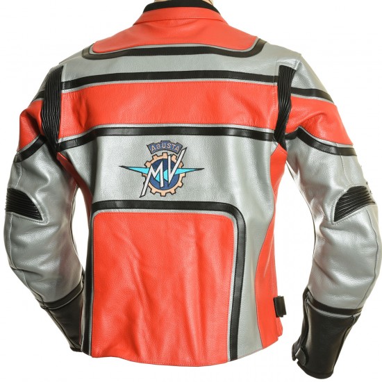 MV Agusta Classic Red Silver & Black Armoured Leather Biker Jacket