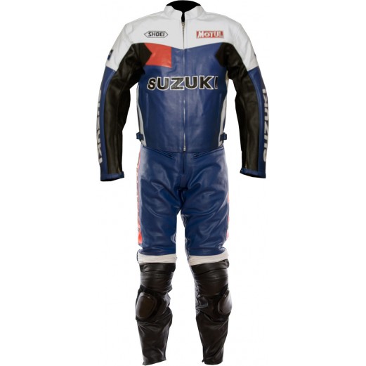 Suzuki Blue Retro Classic Biker Armoured Leather Two Piece Suit Suzuki Blue Retro Classic Biker Armoured Leather Two Piece Suit
