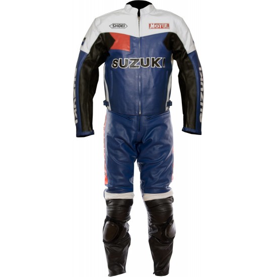 Suzuki Blue Retro Classic Biker Armoured Leather Two Piece Suit