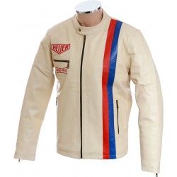 Steve McQueen GRAND PRIX HEUER Quilted Cream Genuine Leather Jacket