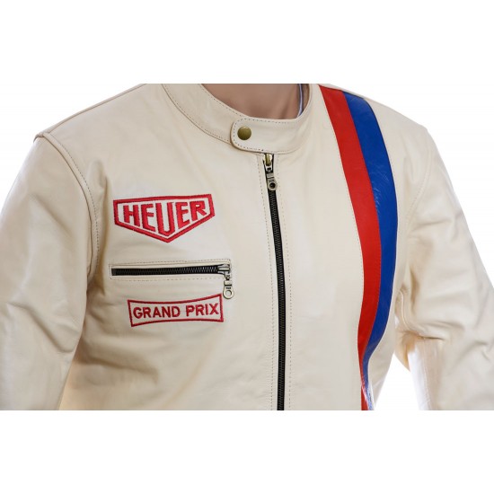 Steve McQueen GRAND PRIX HEUER Quilted Cream Genuine Leather Jacket